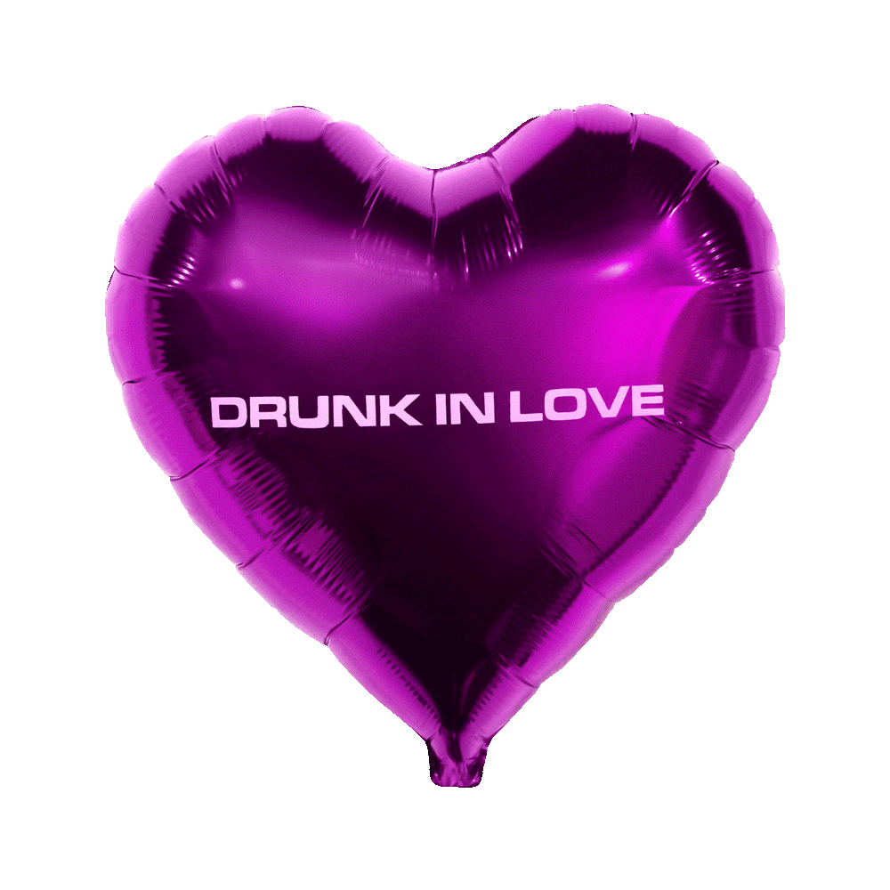 Purple heart balloon with Drunk in Love text for Beyoncé Valentine merch and fan decor