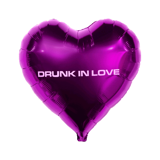 Purple heart balloon with Drunk in Love text for Beyoncé Valentine merch and fan decor