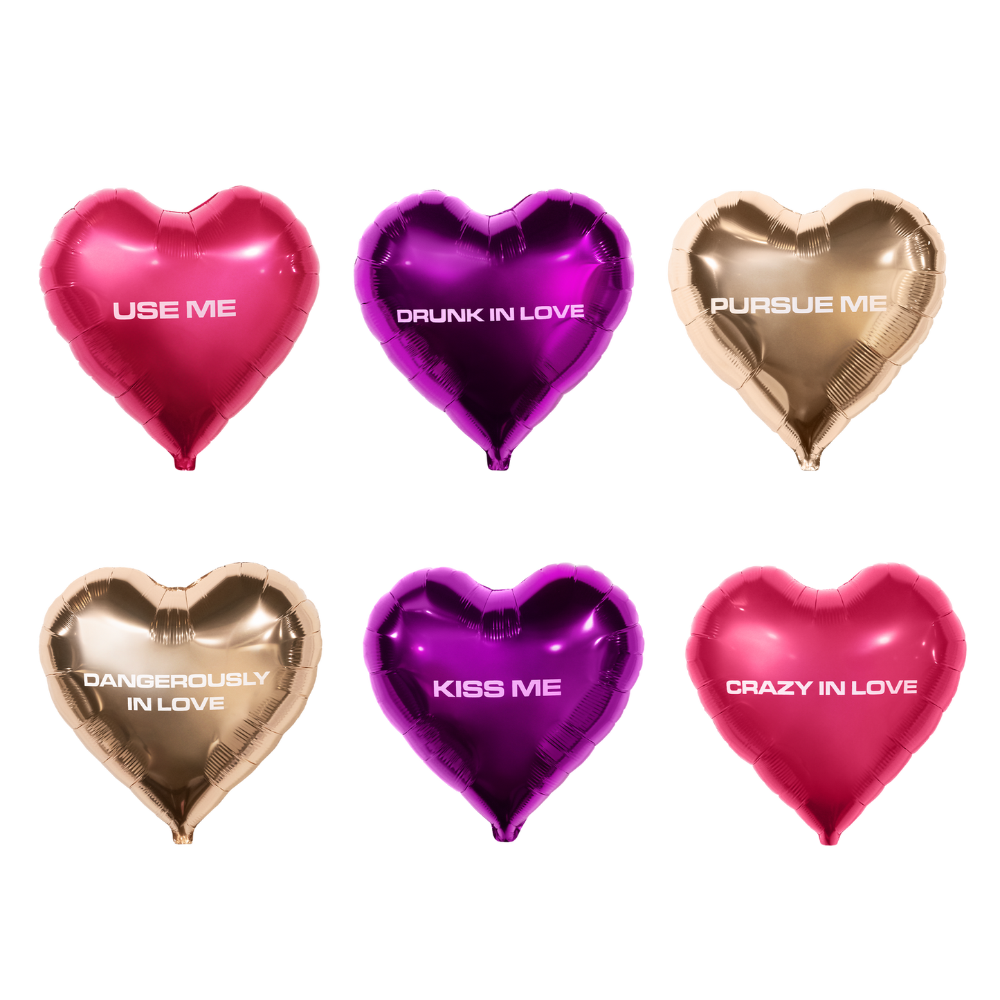 Full In Love balloon pack with Use Me, Drunk in Love, Pursue Me, Kiss Me, and Crazy in Love designs