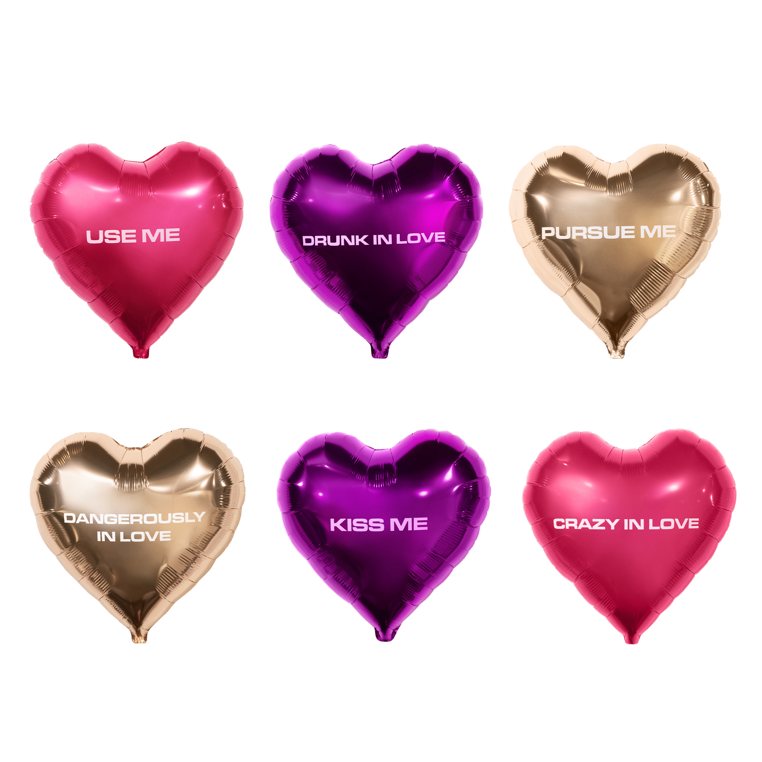 Full In Love balloon pack with Use Me, Drunk in Love, Pursue Me, Kiss Me, and Crazy in Love designs