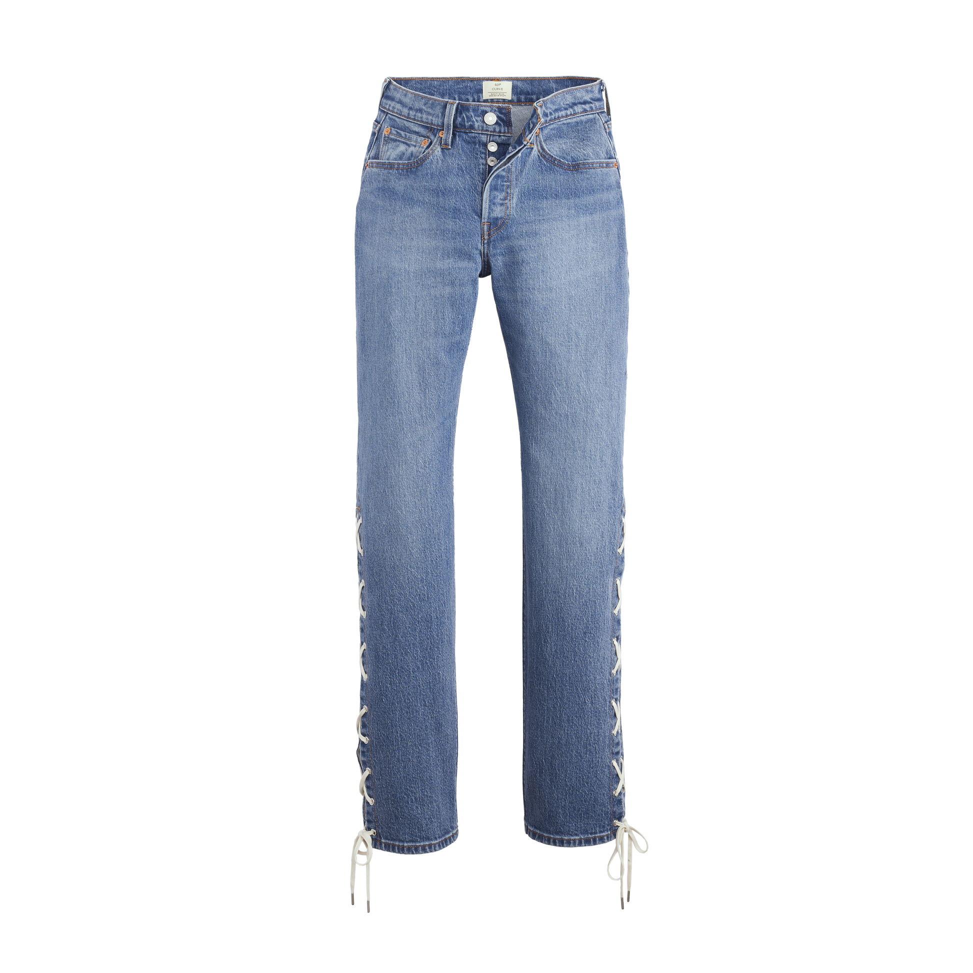 Beyoncé x Levis 501 Curve light blue laced up jeans with side ties, Beyoncé merch front view