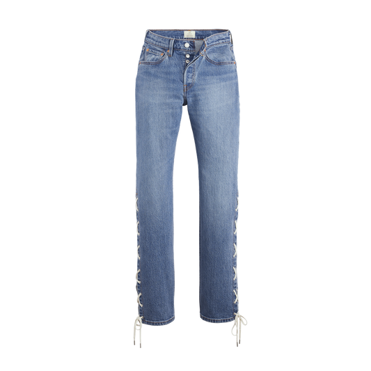 Beyoncé x Levis 501 Curve light blue laced up jeans with side ties, Beyoncé merch front view
