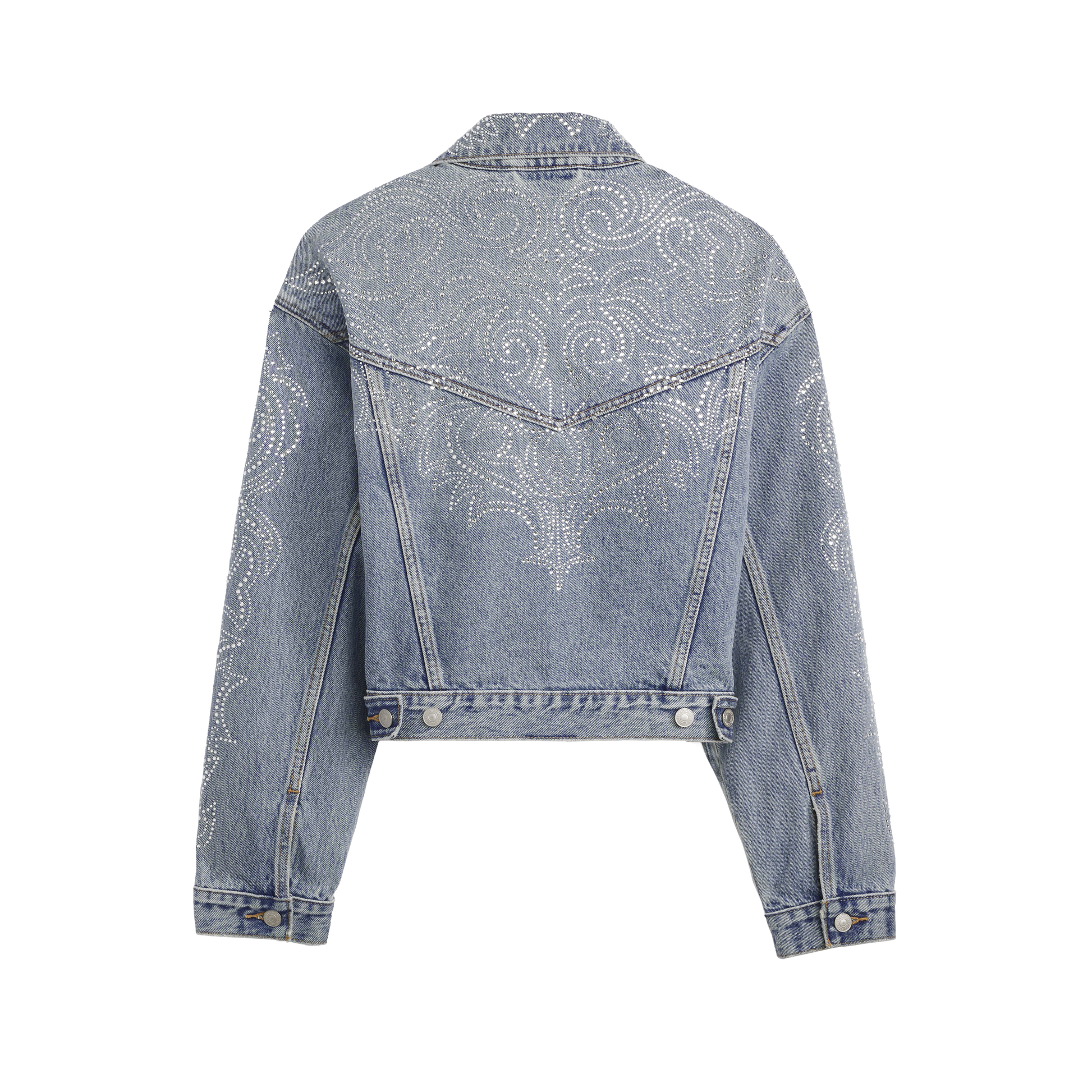Beyoncé x Levi’s 90s shrunken trucker western crystal denim jacket back with rhinestone western design