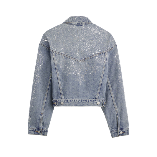 Beyoncé x Levi’s 90s shrunken trucker western crystal denim jacket back with rhinestone western design