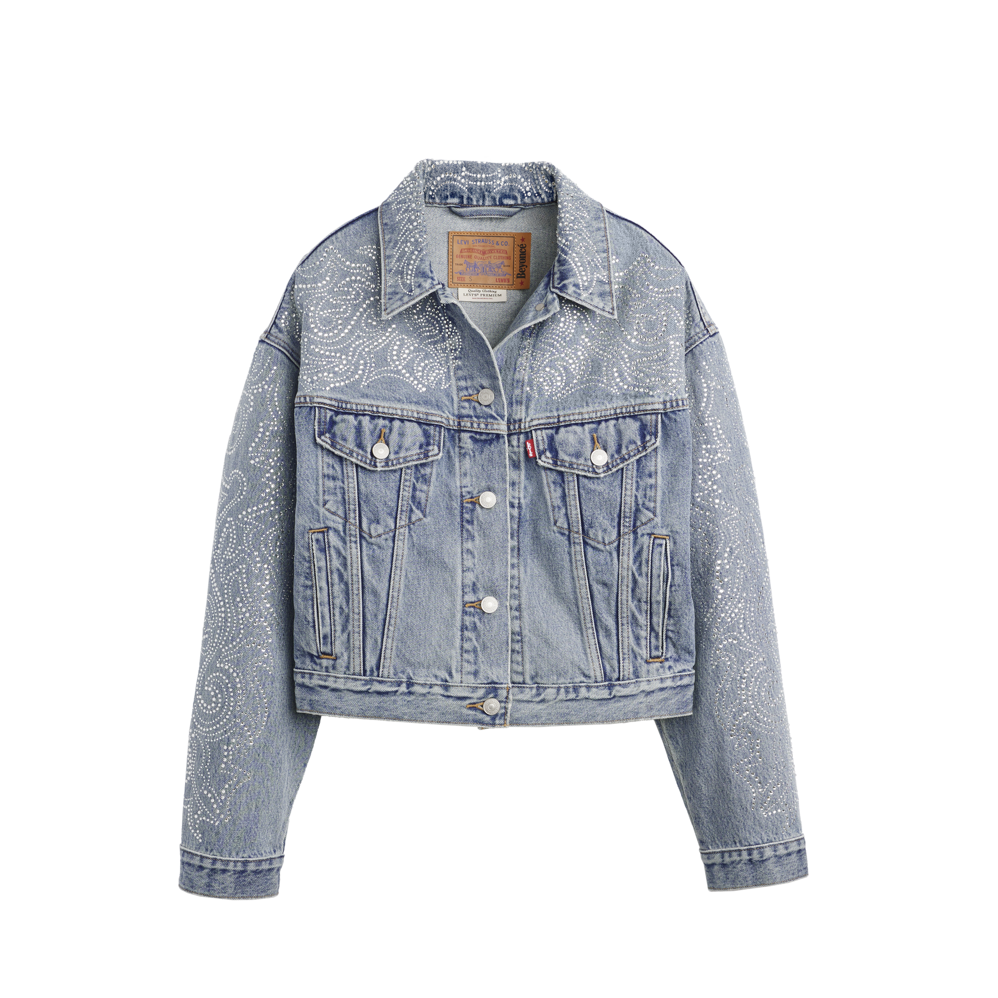 Beyoncé x Levi’s 90s shrunken trucker western crystal denim jacket front with rhinestone details