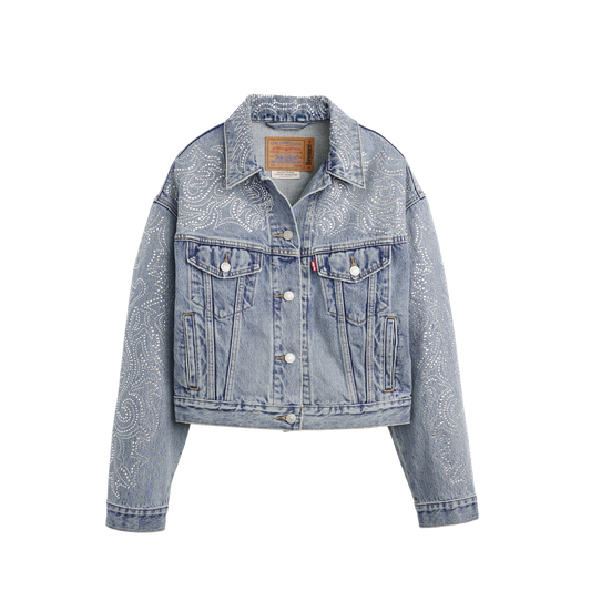 Beyoncé x Levi’s 90s shrunken trucker western crystal denim jacket front with rhinestone details