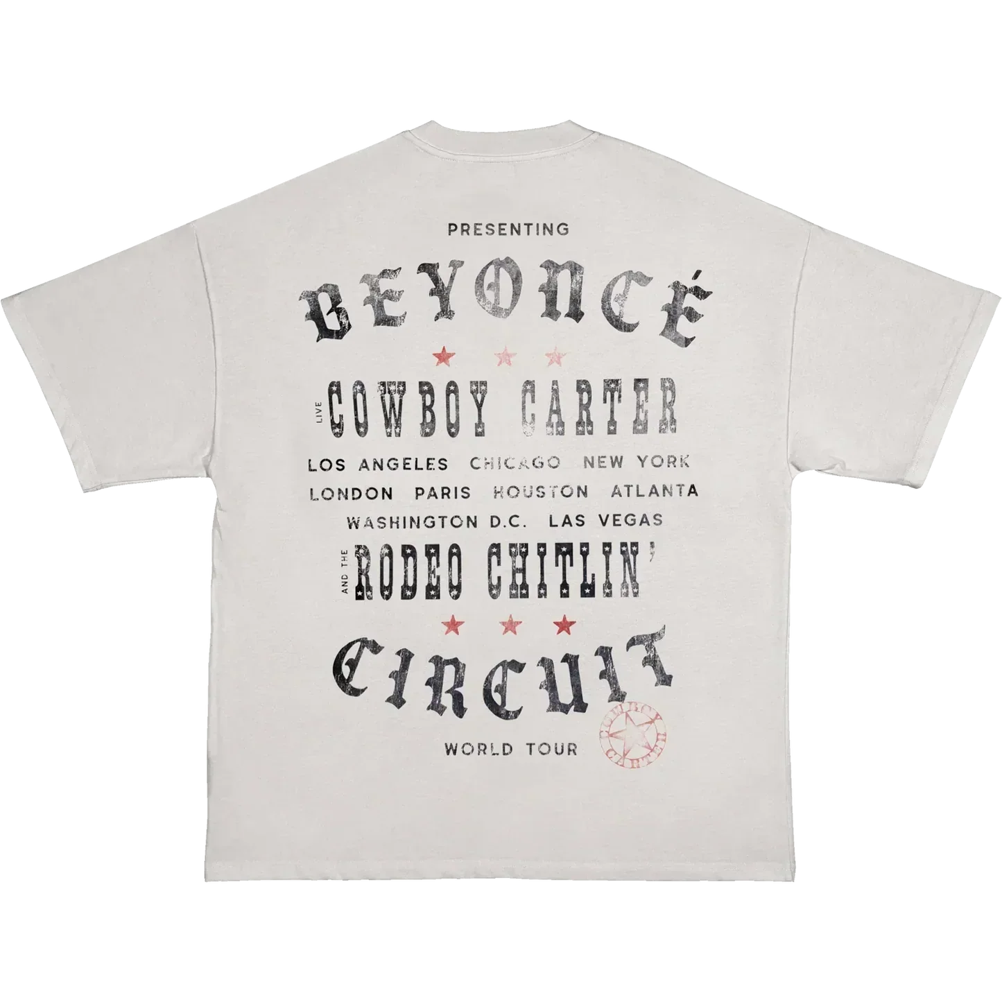 Most Wanted white tee with Cowboy Carter tour cities graphic, Beyoncé merch back view