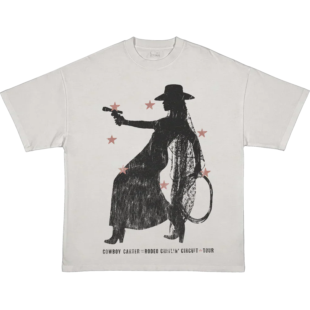 Most Wanted white tee with Cowboy Carter rodeo silhouette graphic, Beyoncé merch front view