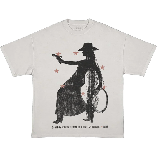 Most Wanted white tee with Cowboy Carter rodeo silhouette graphic, Beyoncé merch front view