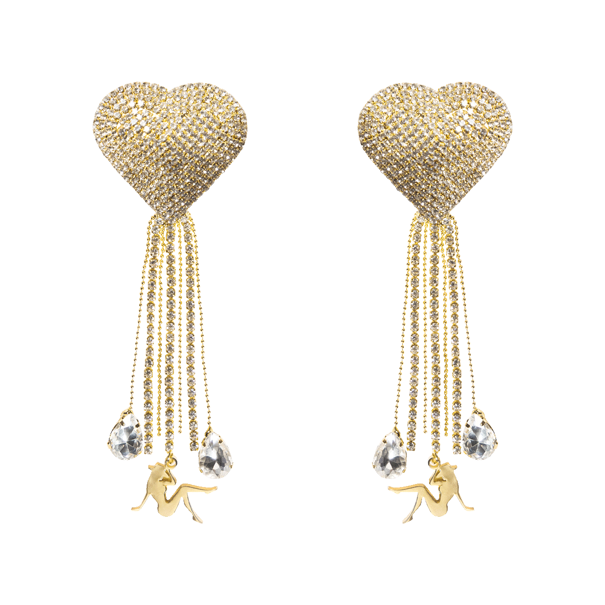 Beyoncé Naughty Girl rhinestone heart earrings with gold fringe, crystal drops, and star charms
