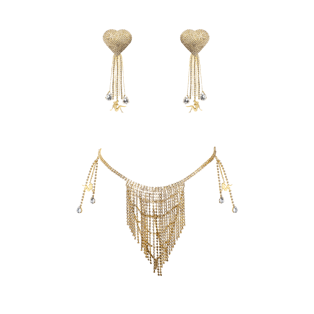 Beyoncé Naughty Girl rhinestone set with heart earrings and crystal fringe body chain on black background