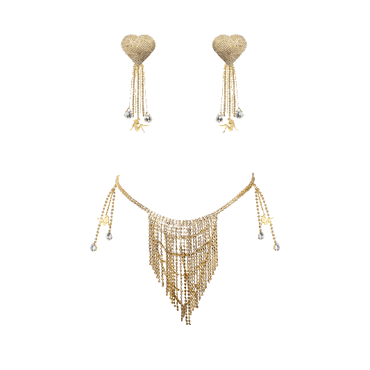 Beyoncé Naughty Girl rhinestone set with heart earrings and crystal fringe body chain on black background
