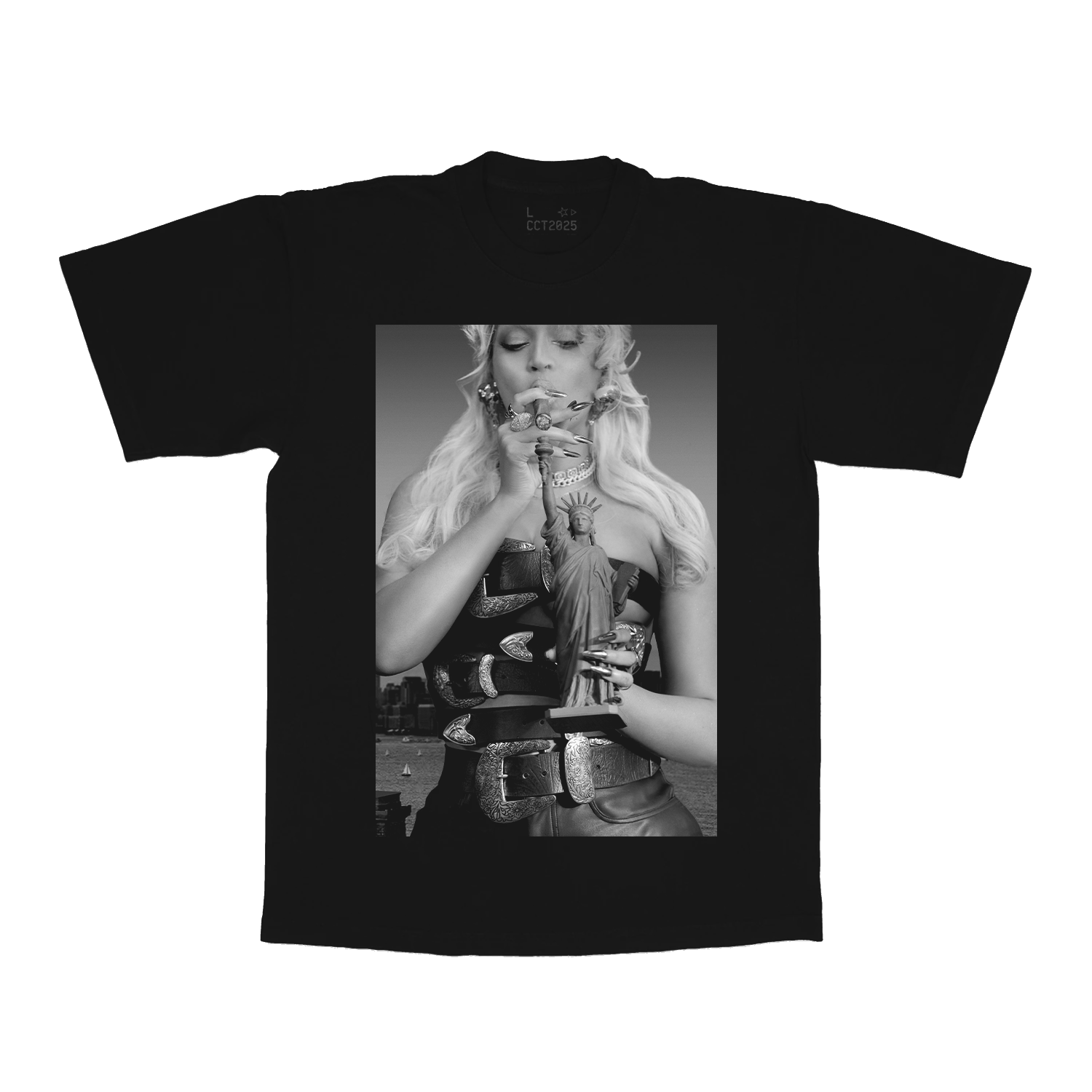 NY Web Exclusive black tee with grayscale Cowboy Carter photo graphic, Beyoncé merch front view