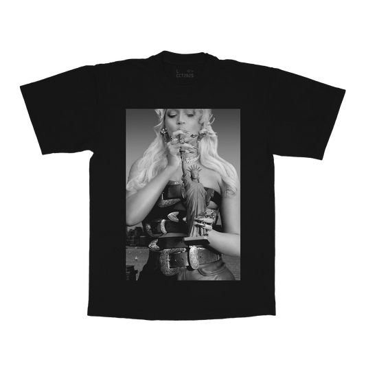 NY Web Exclusive black tee with grayscale Cowboy Carter photo graphic, Beyoncé merch front view