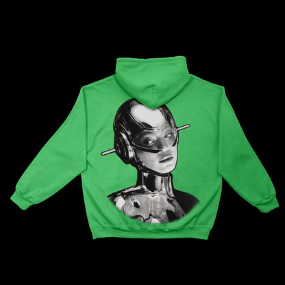 Green Beyoncé merch Opulence hoodie back view with futuristic black and white portrait graphic