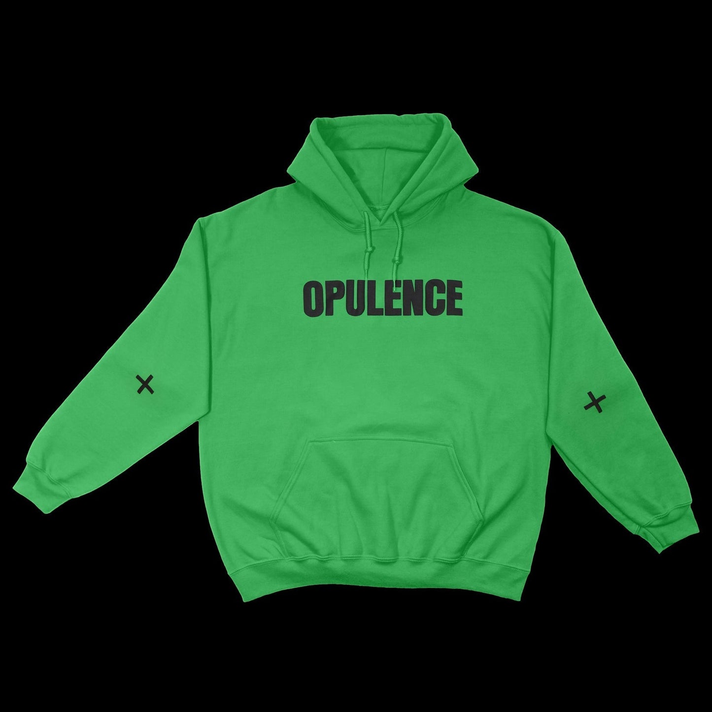 Green Beyoncé merch Opulence hoodie front view with bold black chest text and sleeve cross details
