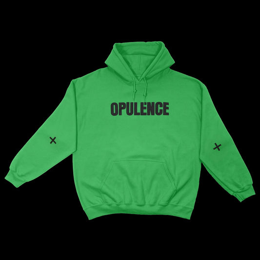 Green Beyoncé merch Opulence hoodie front view with bold black chest text and sleeve cross details
