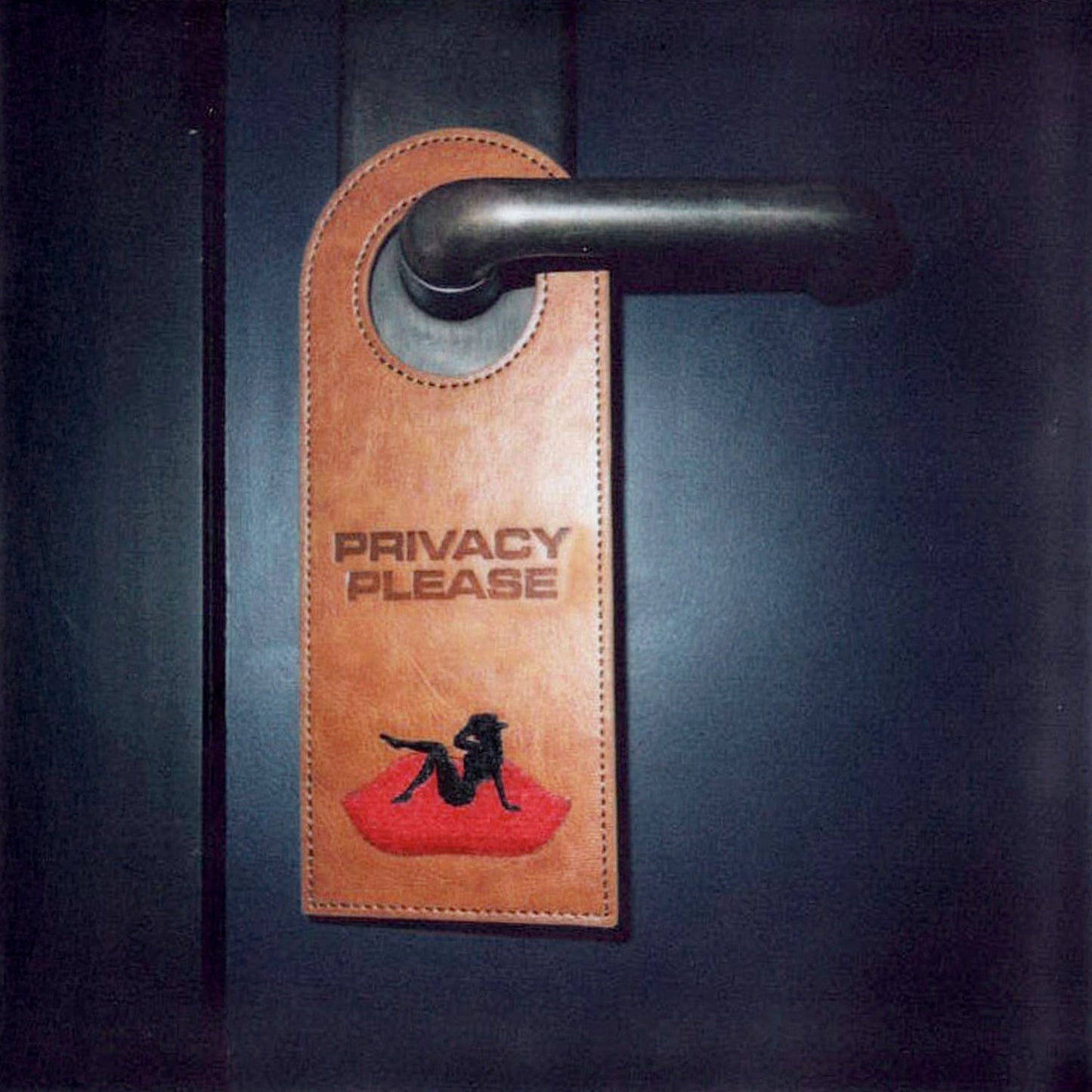 Tan Beyoncé merch Privacy Please door tag on door handle with red lips and black silhouette graphic