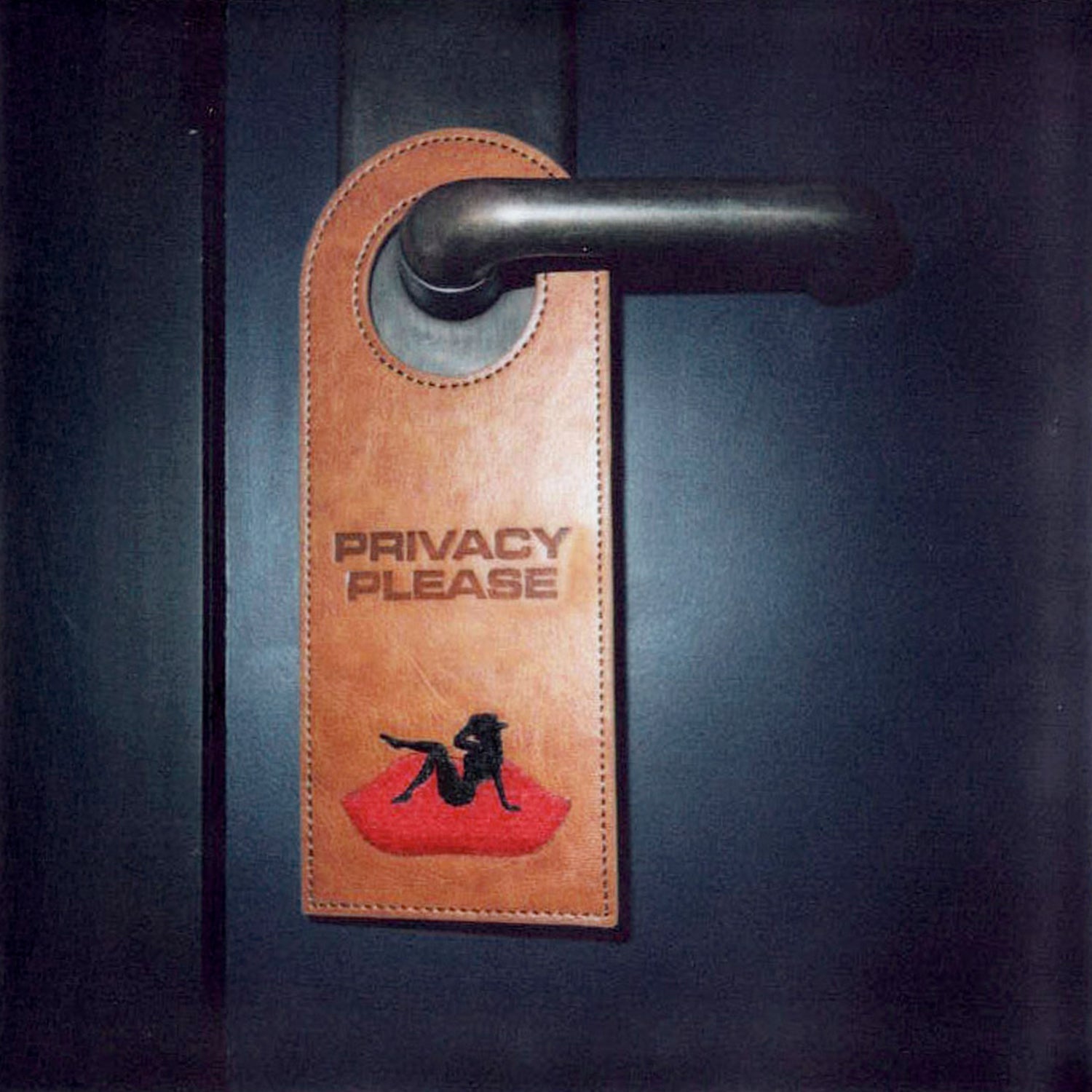 Tan Beyoncé merch Privacy Please door tag on door handle with red lips and black silhouette graphic