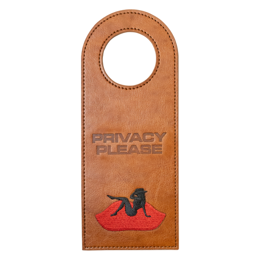 Tan Beyoncé merch Privacy Please door tag front view with red lips and black silhouette graphic

