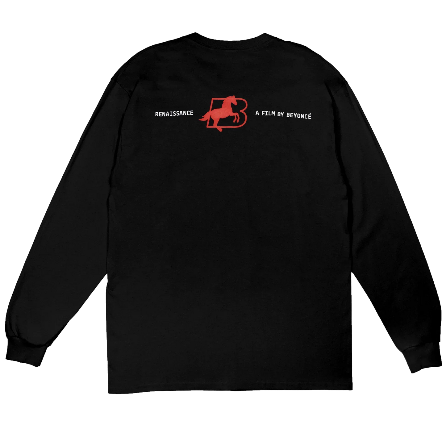 Black Rated B long sleeve tee with red Renaissance film rating label, Beyoncé merch front view