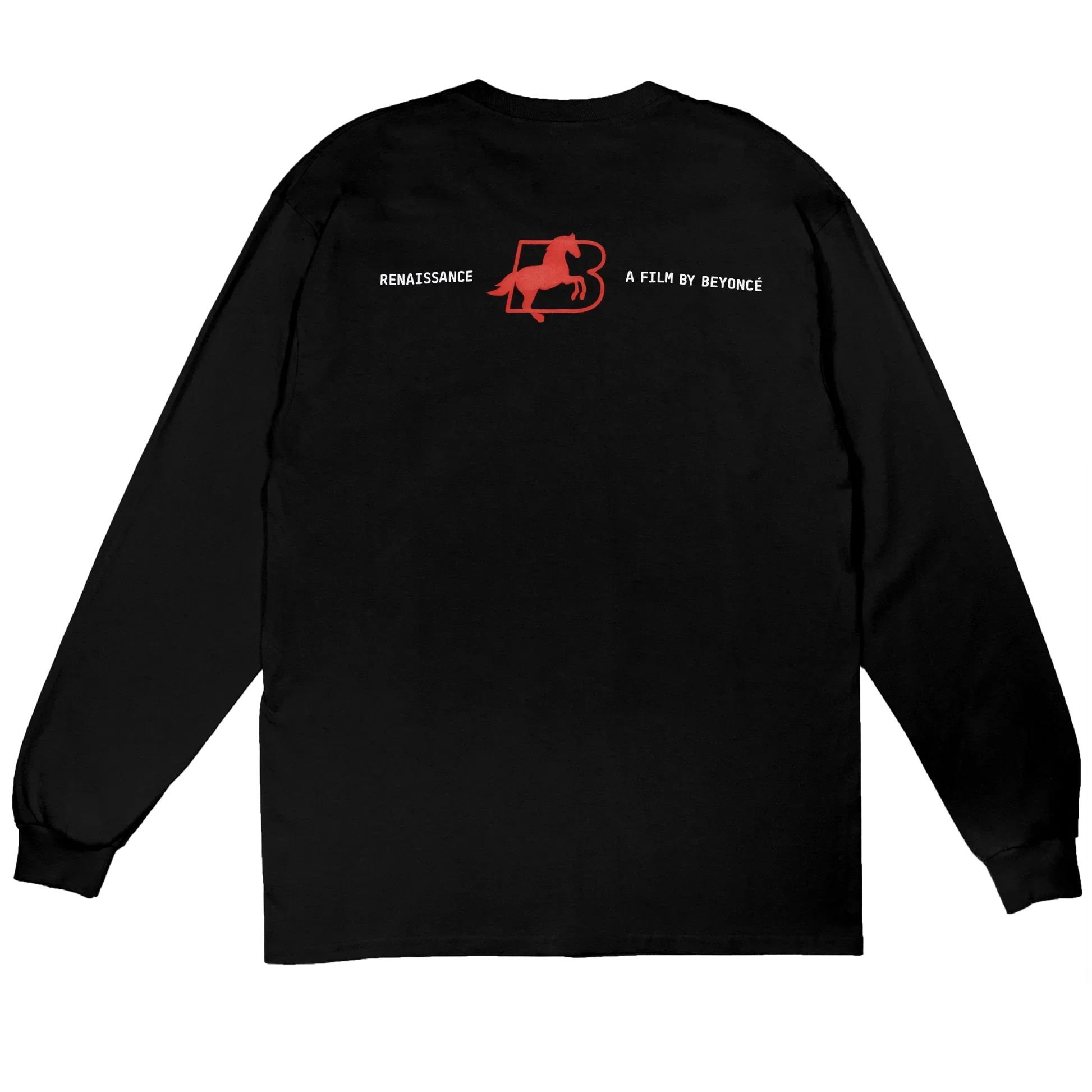 Black Rated B long sleeve tee with red Renaissance film rating label, Beyoncé merch front view