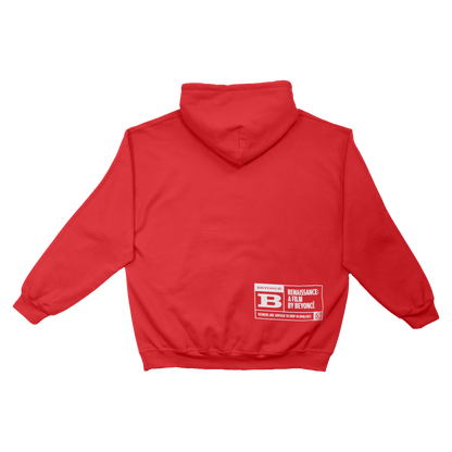 Rated B red hoodie with lower back label graphic, Beyoncé merch back view