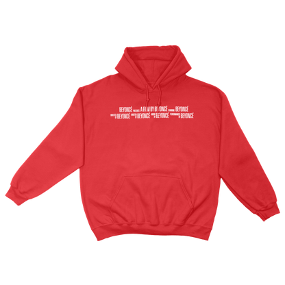 Rated B red hoodie with small chest logo text and kangaroo pocket, Beyoncé merch front view