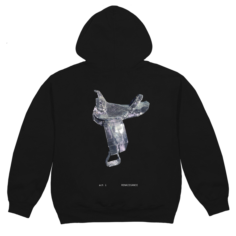 Black Beyoncé merch Renaissance hoodie back view with silver disco saddle Renaissance graphic