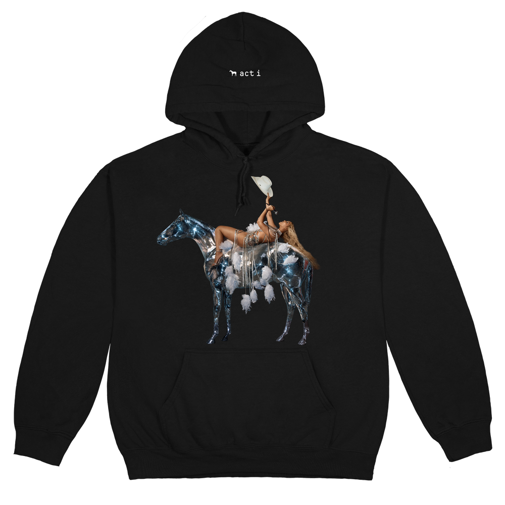 Black Beyoncé merch Renaissance hoodie front view with metallic horse and rider graphic
