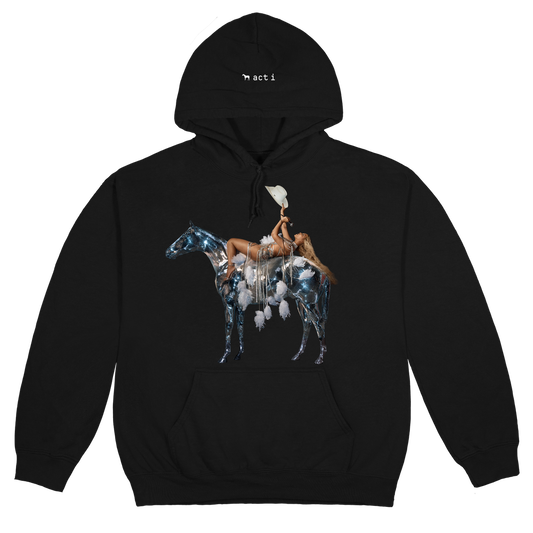 Black Beyoncé merch Renaissance hoodie front view with metallic horse and rider graphic
