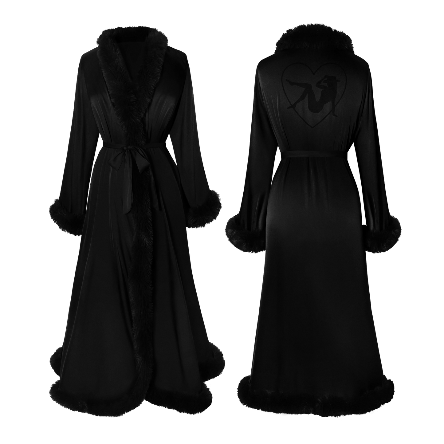 Black Beyoncé merch Renaissance satin robe front and back view with plush trim and heart graphic