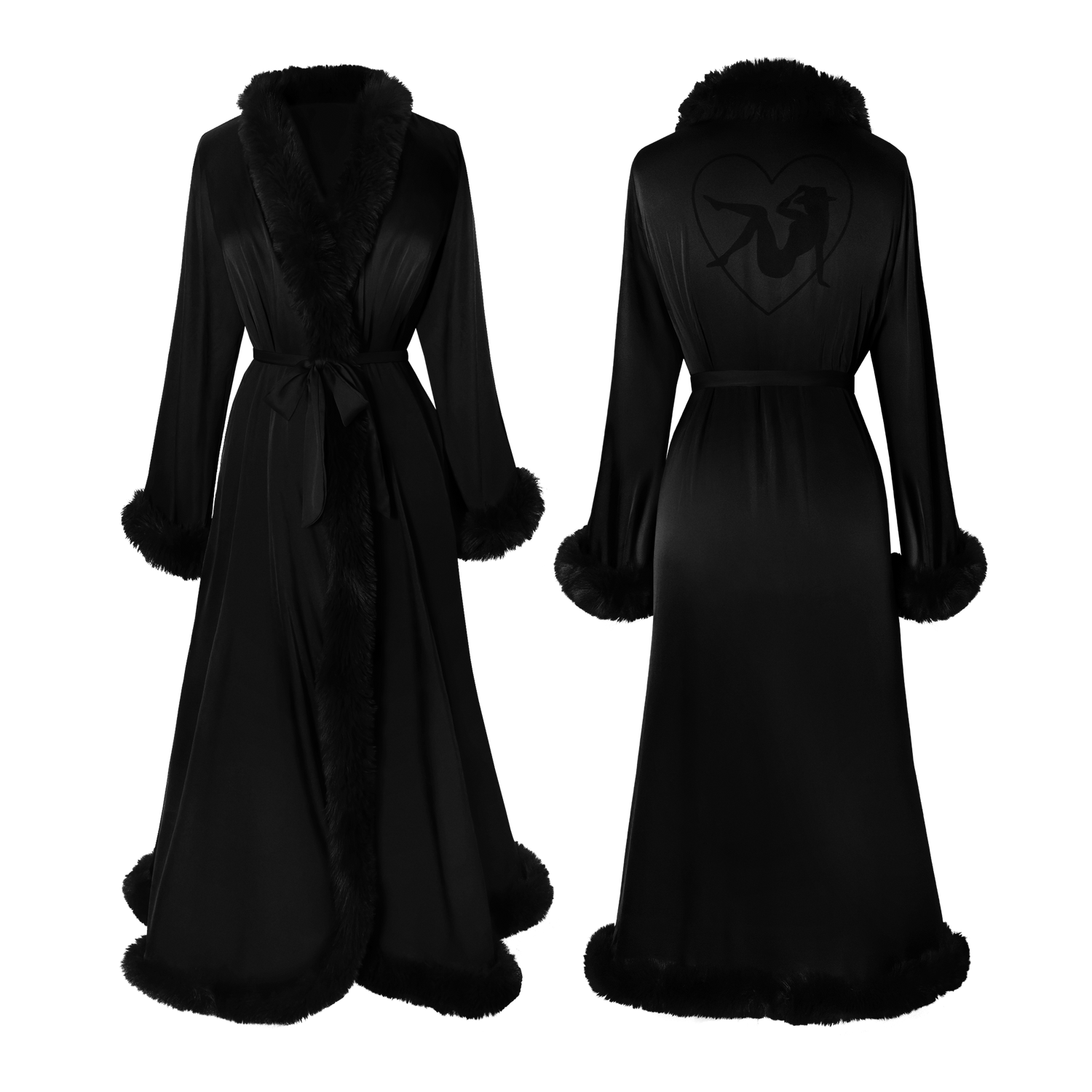 Black Beyoncé merch Renaissance satin robe front and back view with plush trim and heart graphic