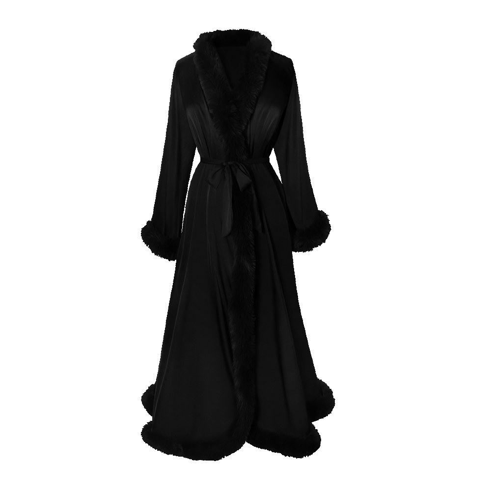 Black Beyoncé merch Renaissance satin robe front view with plush trim and waist tie

