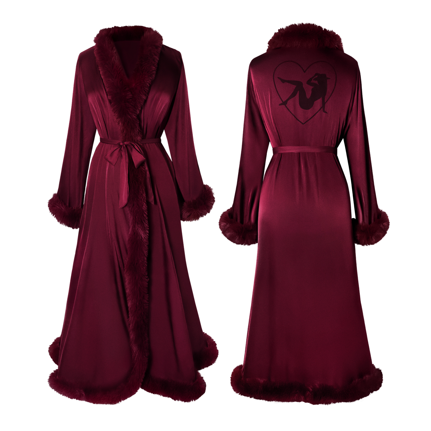 Cherry wine Beyoncé merch Renaissance satin robe front and back view with plush trim and heart graphic