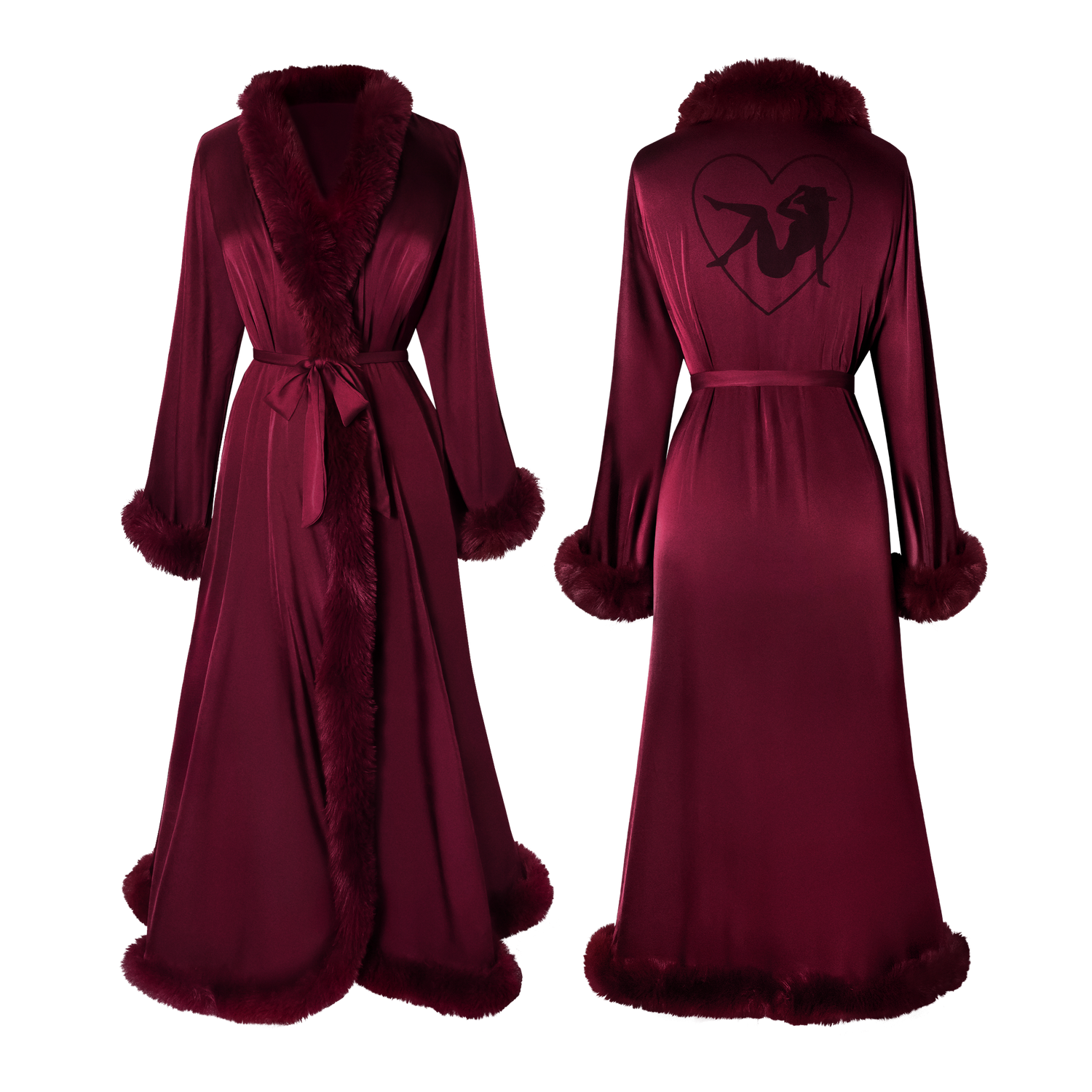Cherry wine Beyoncé merch Renaissance satin robe front and back view with plush trim and heart graphic