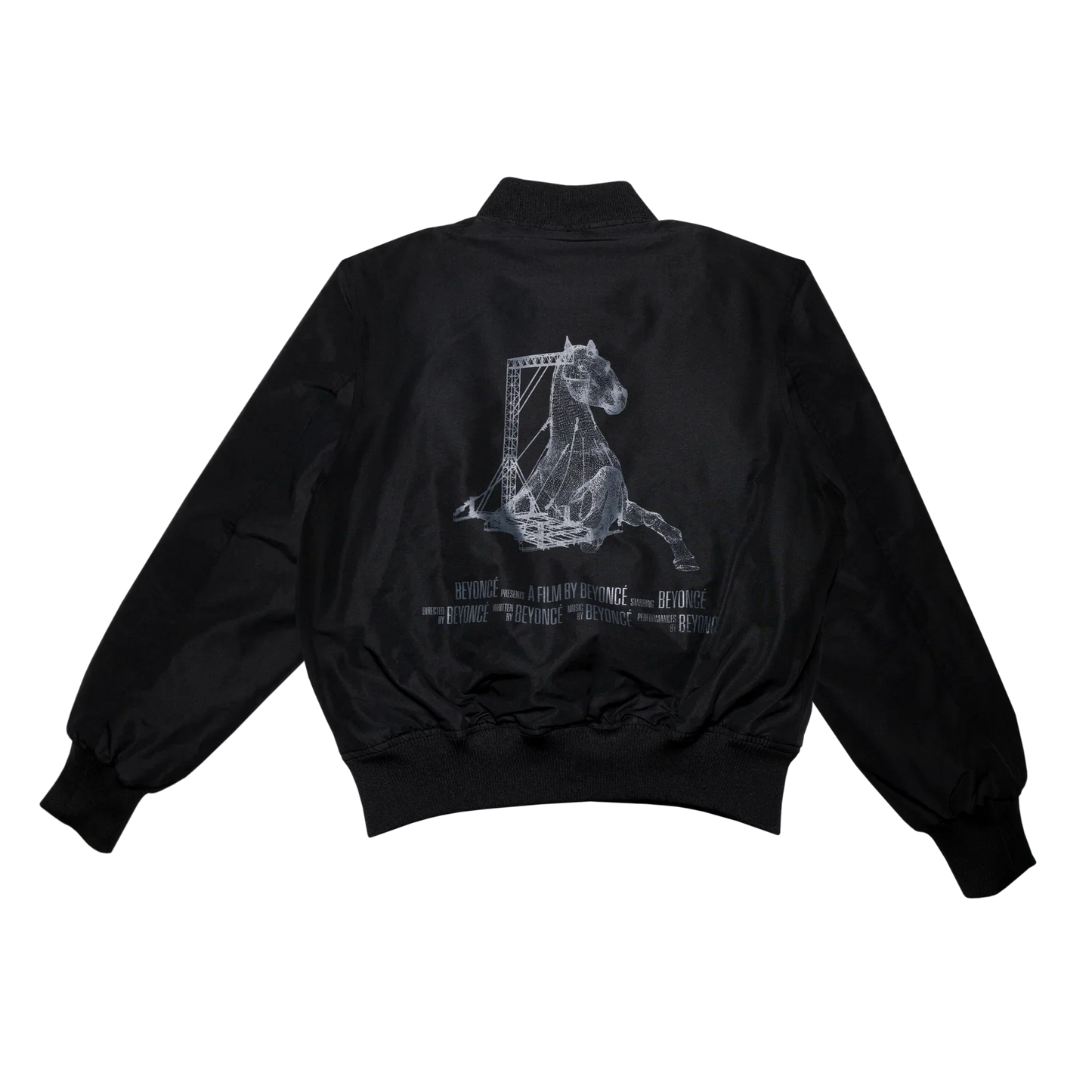 Black RENEIGH bomber jacket back view with silver horse graphic and Beyoncé film text design