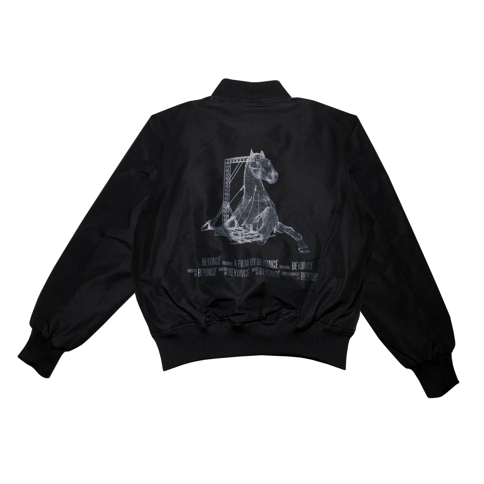 Black RENEIGH bomber jacket back view with silver horse graphic and Beyoncé film text design