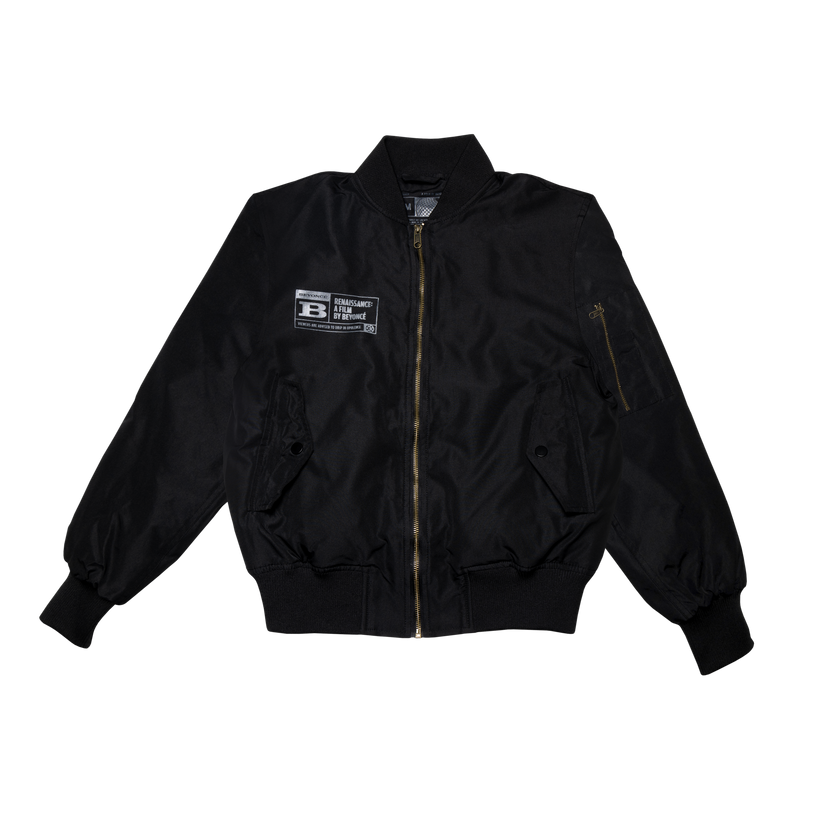 Black RENEIGH bomber jacket front view with zipper, sleeve pocket, and Beyoncé film patch
