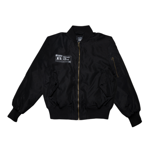 Black RENEIGH bomber jacket front view with zipper, sleeve pocket, and Beyoncé film patch