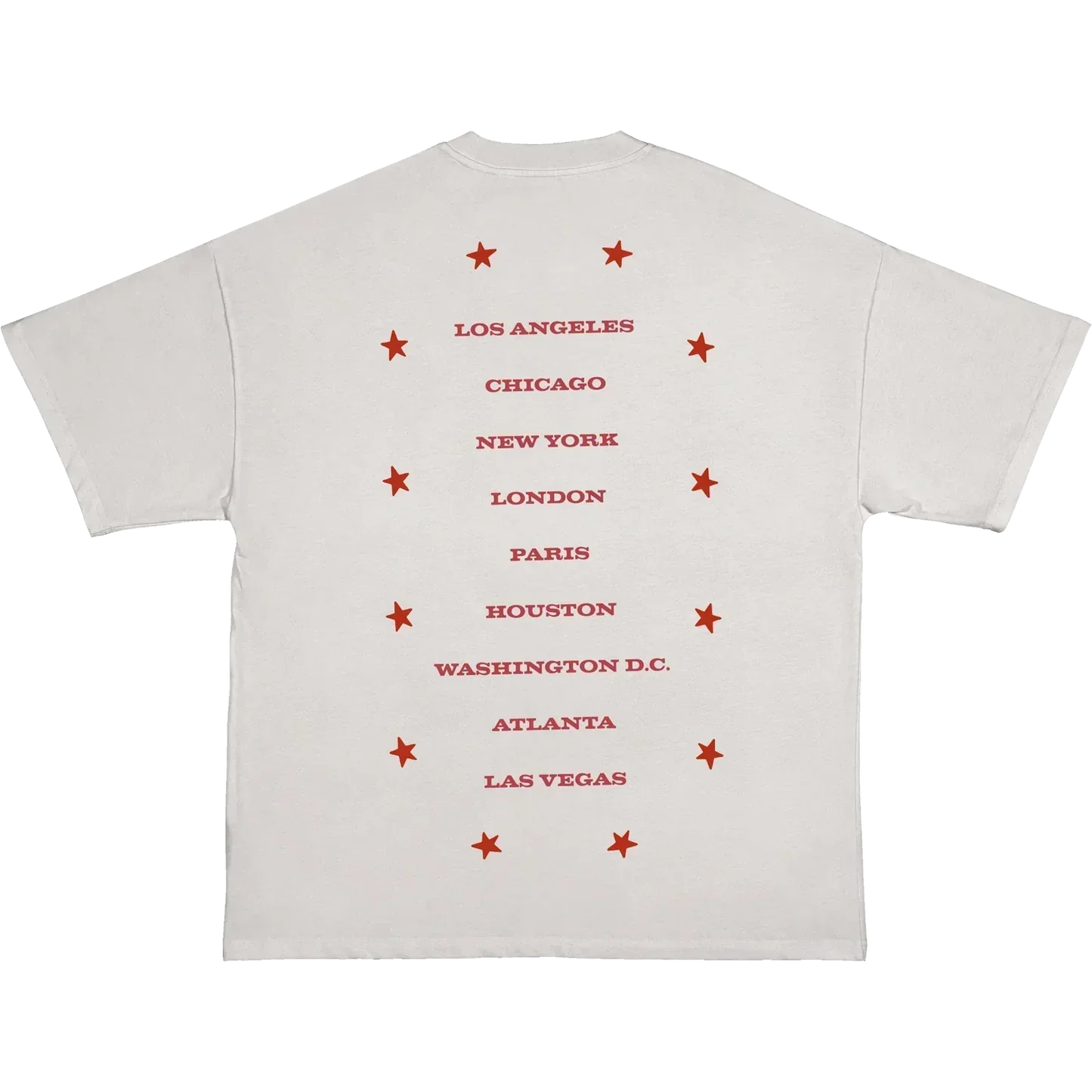 White Beyoncé merch RIIVERDANCE tee back view with red tour city list and western star details