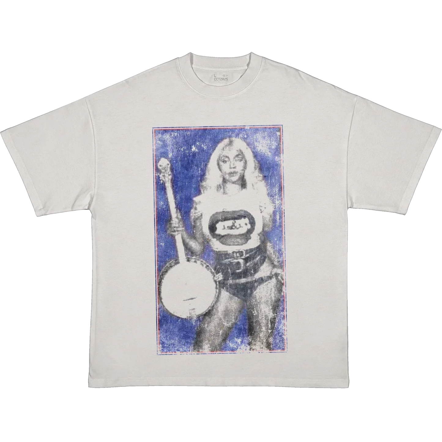 White Beyoncé merch RIIVERDANCE tee front view with blue western portrait graphic and red star accents
