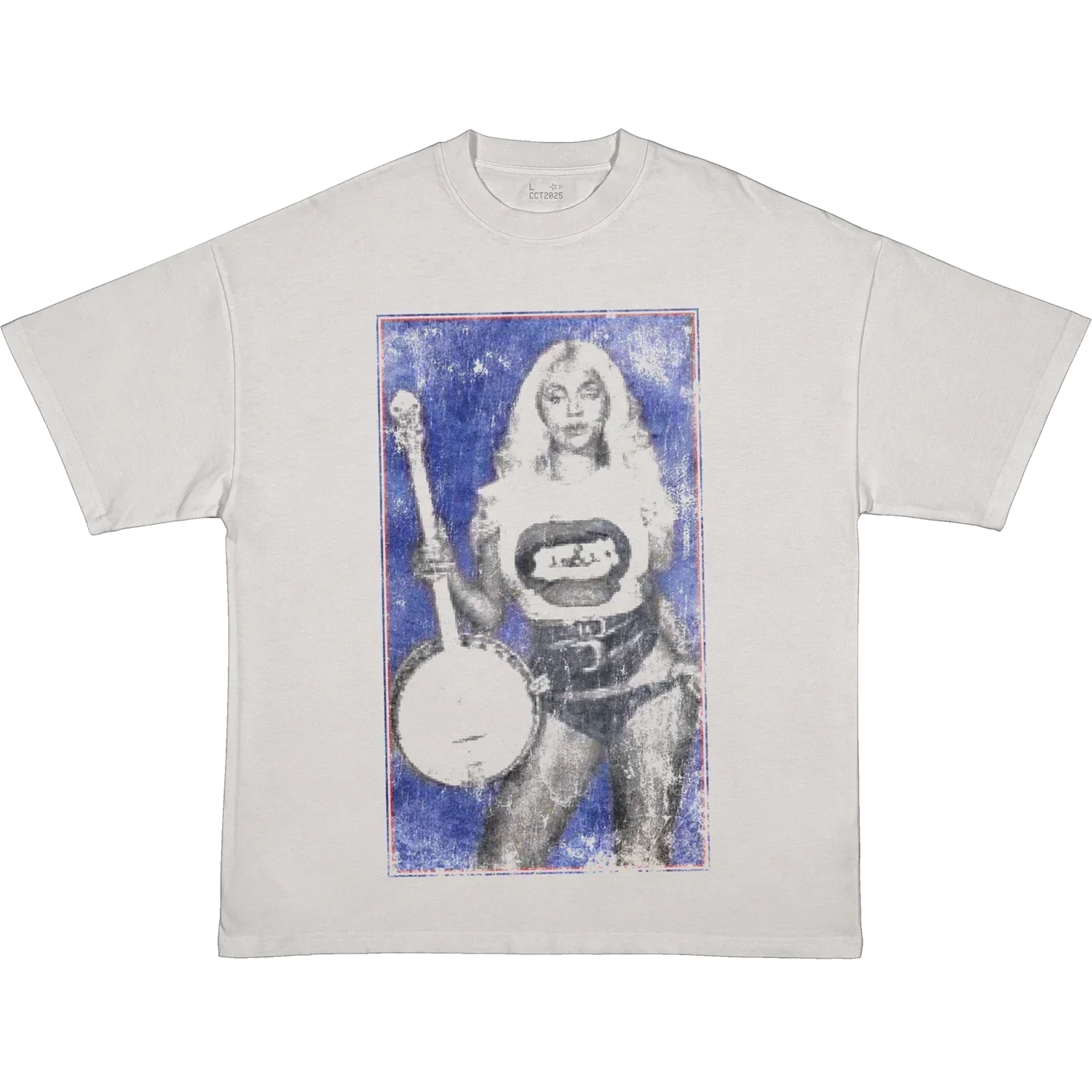 White Beyoncé merch RIIVERDANCE tee front view with blue western portrait graphic and red star accents
