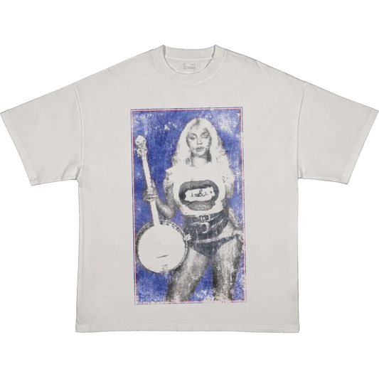 White Beyoncé merch RIIVERDANCE tee front view with blue western portrait graphic and red star accents
