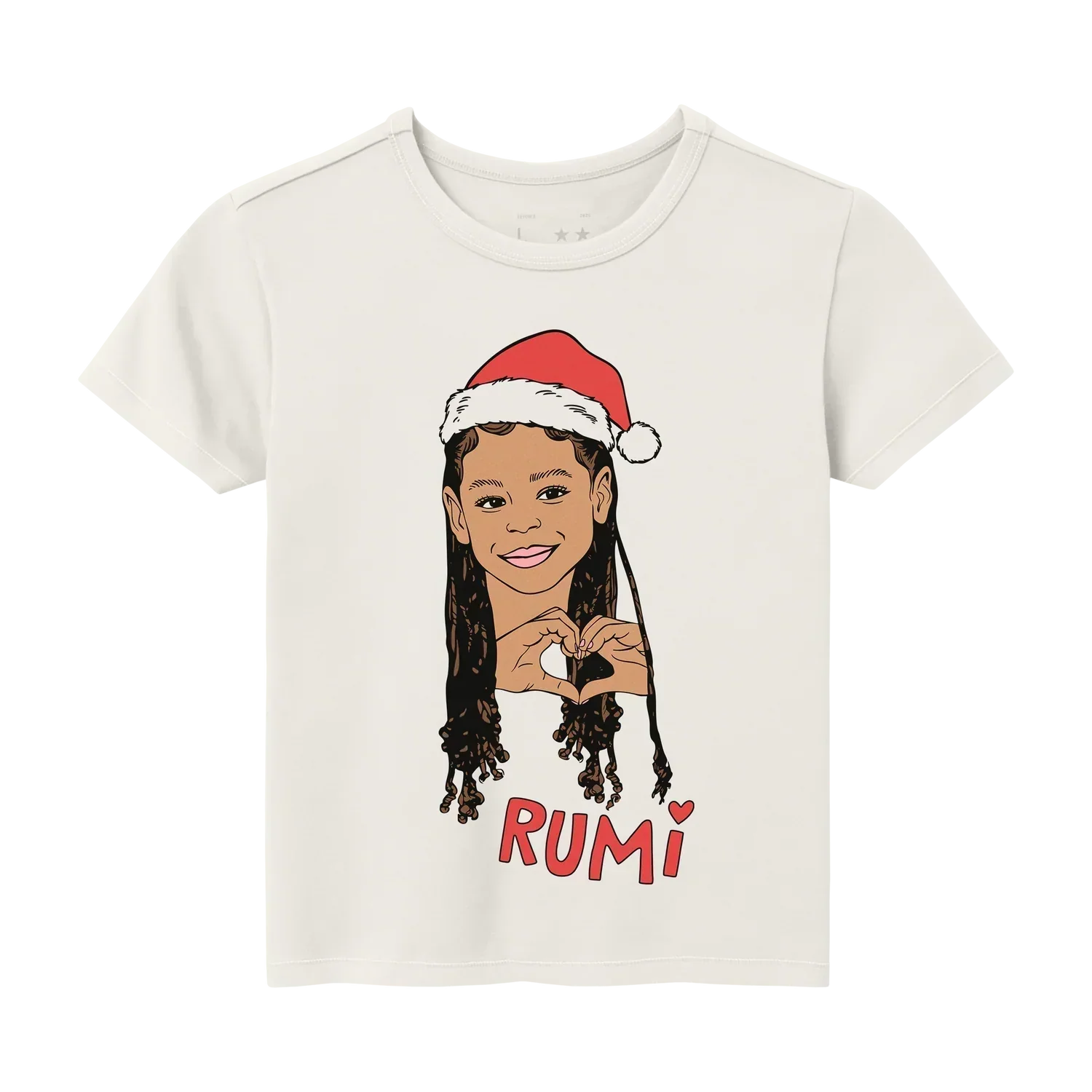 Beyoncé Rumi youth tee front view with holiday portrait graphic and red Rumi lettering