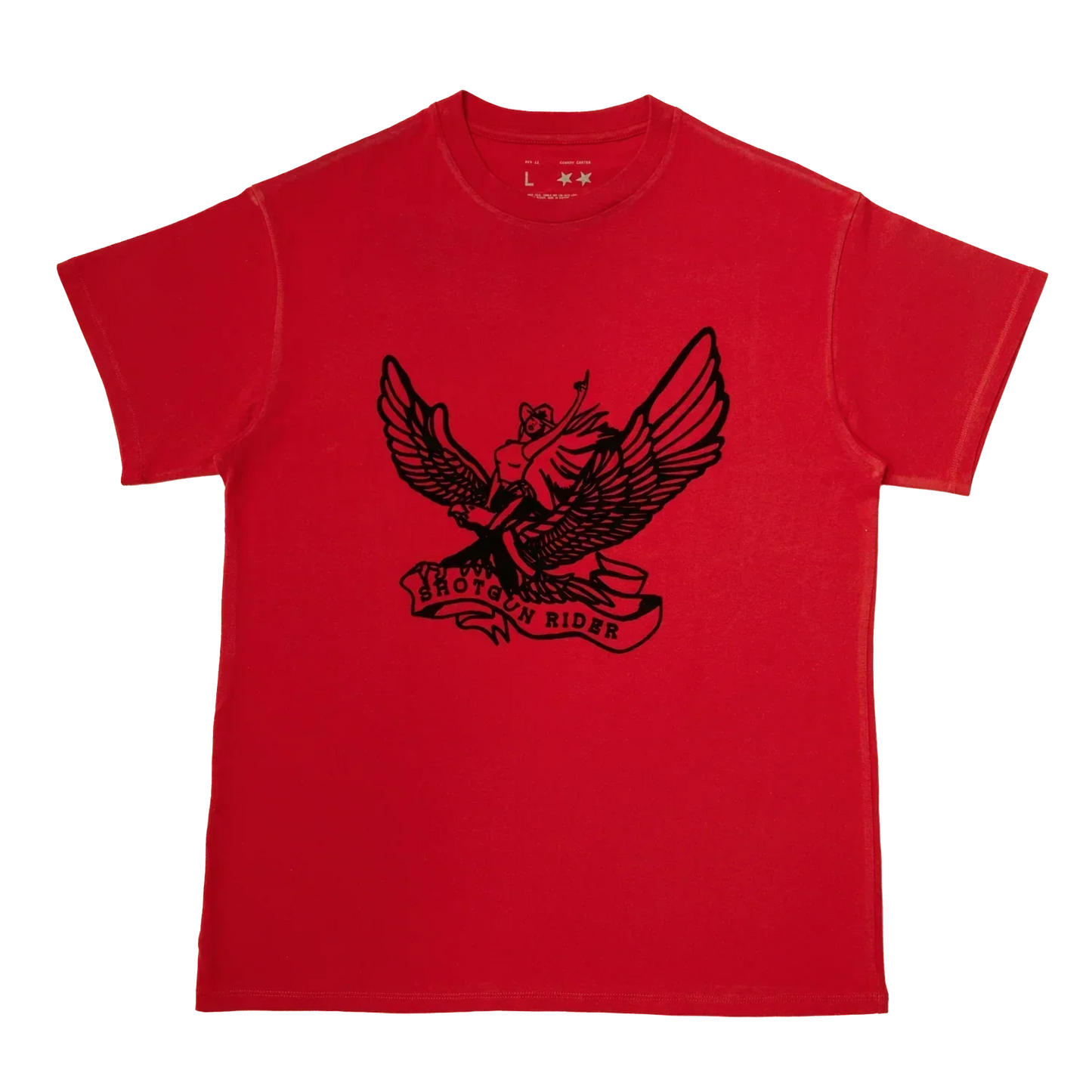 Shotgun Rider red short sleeve tee with black winged graphic, Beyoncé merch front view