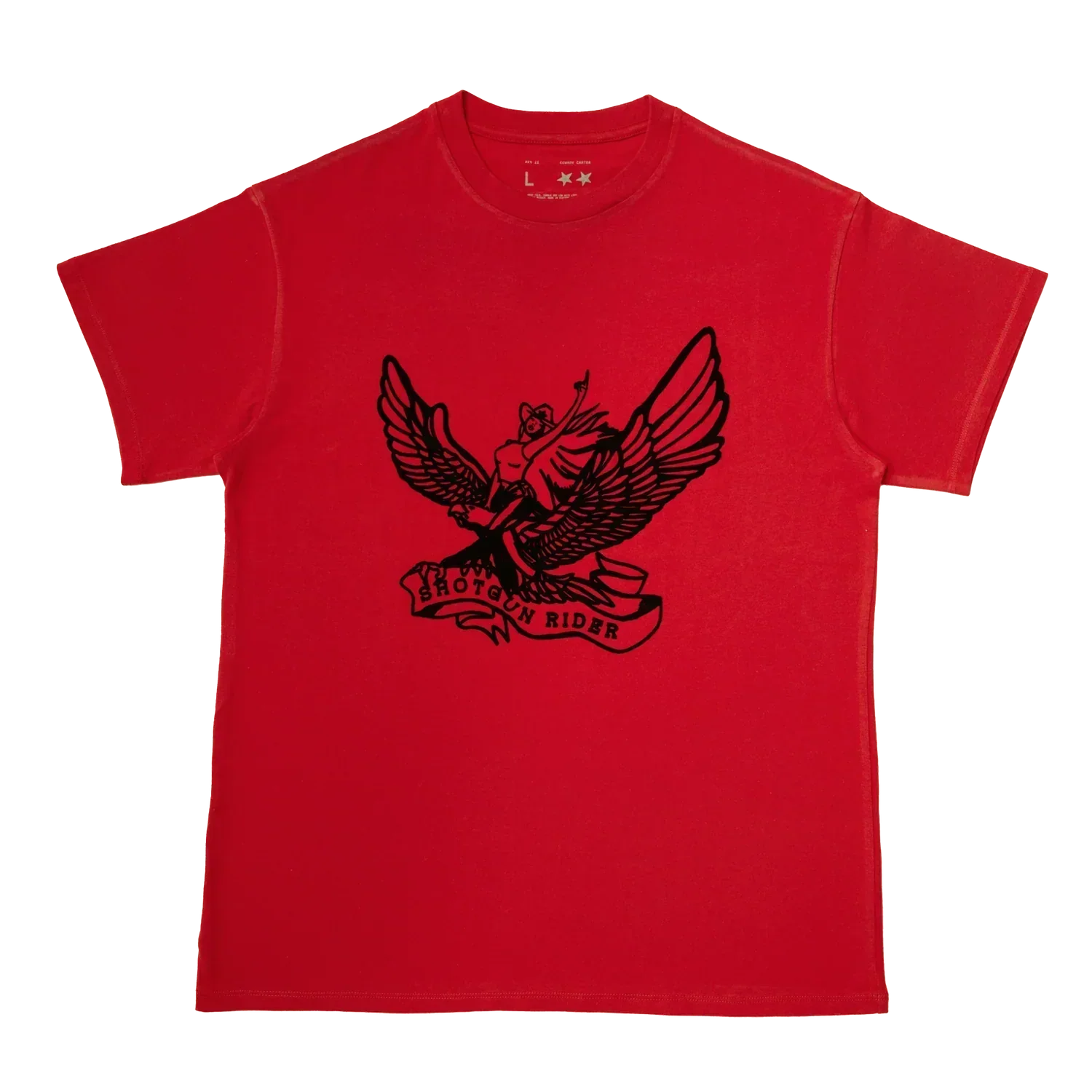 Shotgun Rider red short sleeve tee with black winged graphic, Beyoncé merch front view