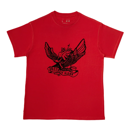 Shotgun Rider red short sleeve tee with black winged graphic, Beyoncé merch front view