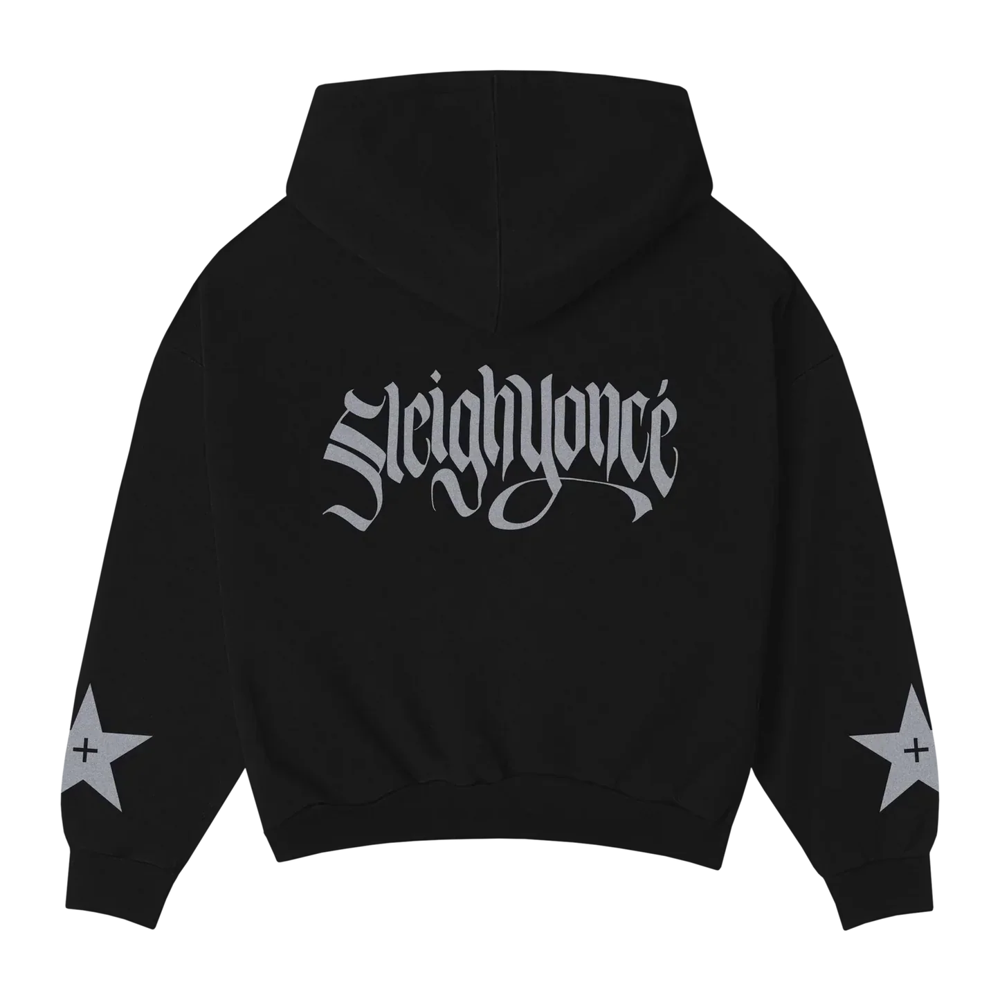 Beyoncé Silver Sleigh hoodie back with silver logo graphic and white star sleeve accents