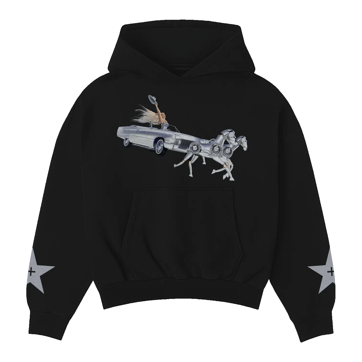 Beyoncé Silver Sleigh hoodie front with black fabric, silver car graphic, and white star sleeve details